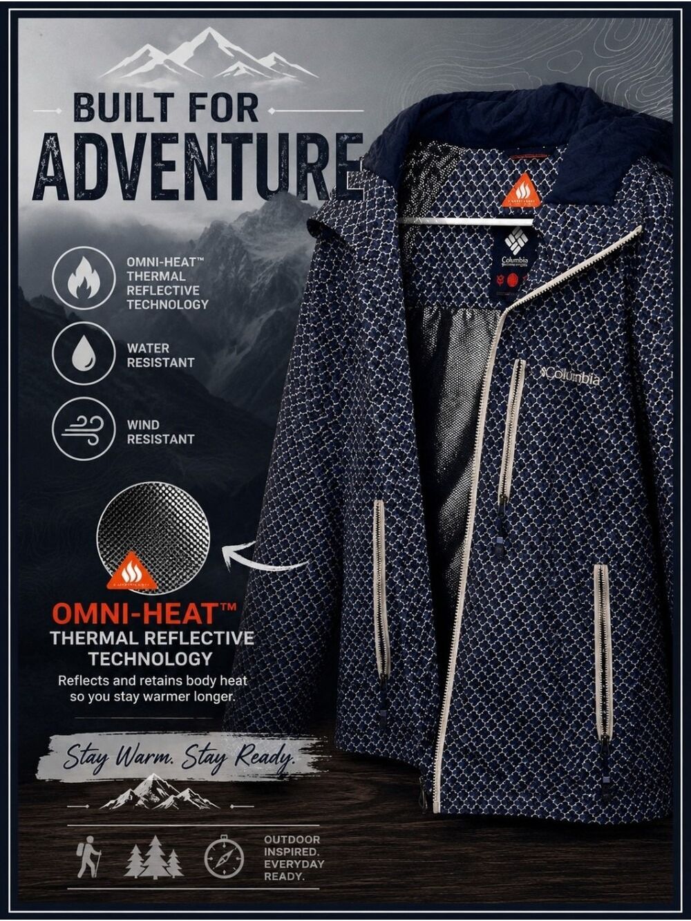 Columbia Navy Patterned Performance Jacket With Omni Heat Technology